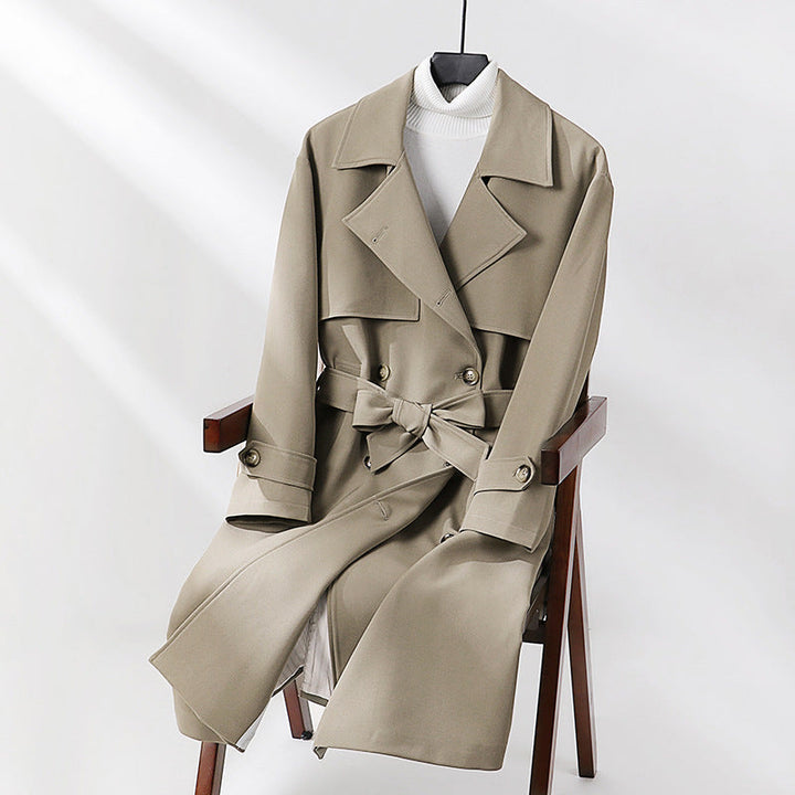 Dam lång skräddad trenchcoat med vid Shawl krage och knytband