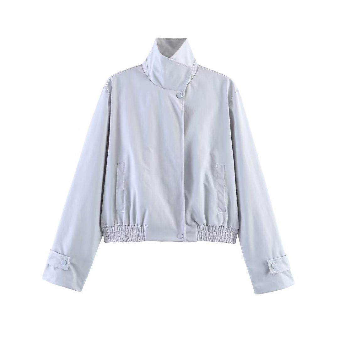 Dam kort skärning boxy blouse jacka med hög ståkrage, snap knappslå, och elastic fåll