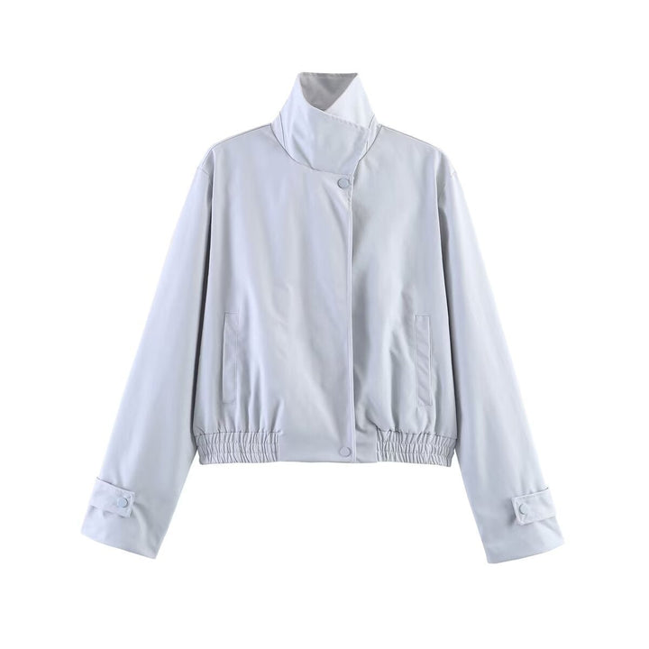 Dam kort skärning boxy blouse jacka med hög ståkrage, snap knappslå, och elastic fåll