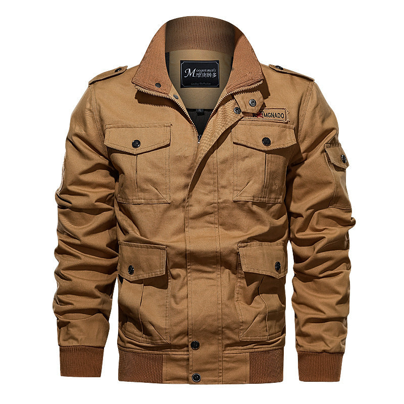 Herr Military-Inspired Canvas Fältjacka med Epaulettes, Flera Fickor och Ribbad Fåll