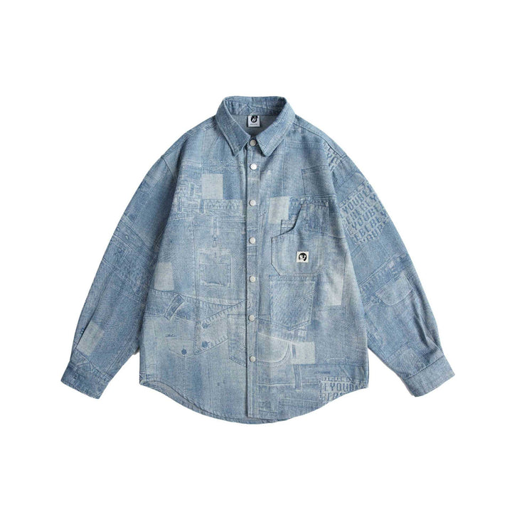 Unisex Oversized-Denim-Skjorta Jacka med Patchwork Tryck och Tryckknappsslå
