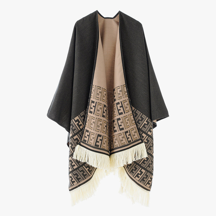 Dam Reversible capeponcho med monogram Border och fransfåll