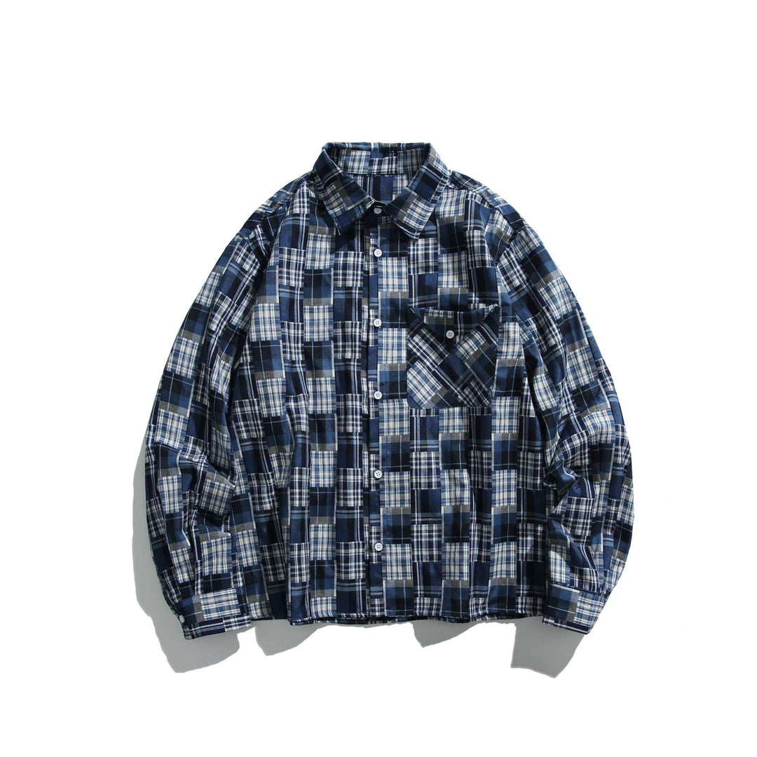 Unisex Patchwork Check Skjorta Jacka i Oversized Boxig Skärning med Bröstficka och Kent Krage