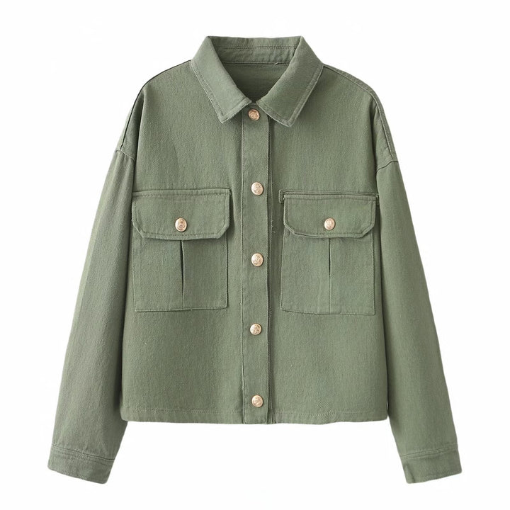 Dam Oversized Utility Jacka Gjord av Twill med Appliquéd Bröst Fickor
