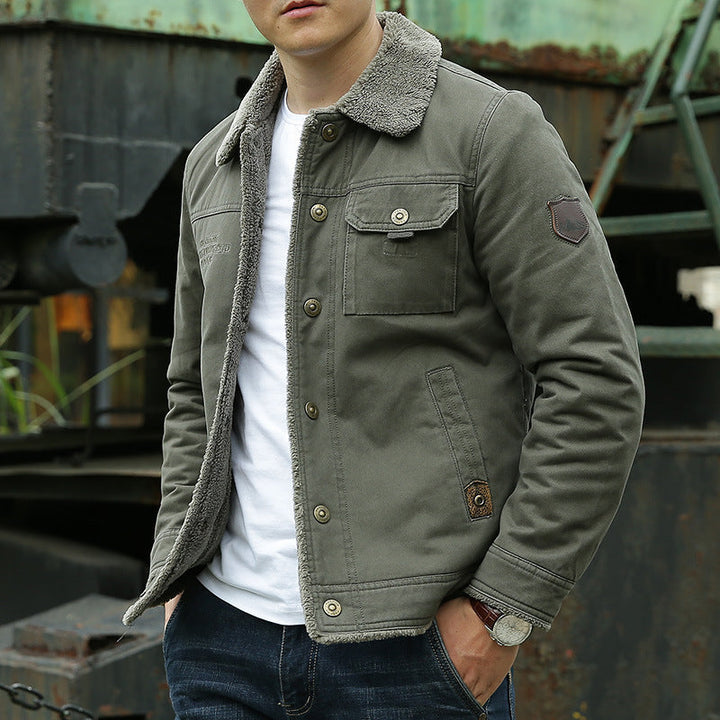 Herr Vintage-Inspired Canvas Worker Jacka med Full Teddyfoder, Bröst Patches och Multifunctional Fickor
