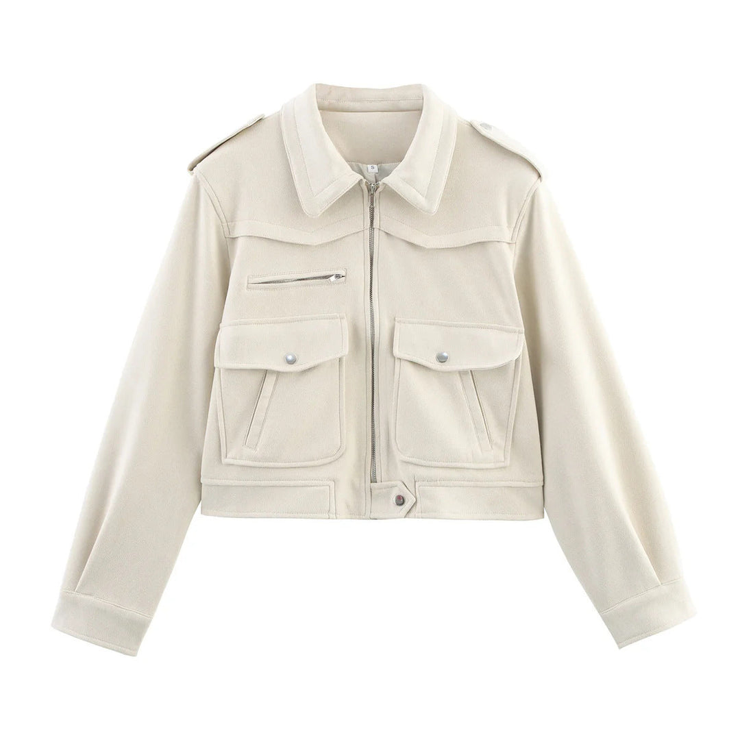 Dam cropped field blazer med axel epaulettes, stor flap fickor, och central dragkedja