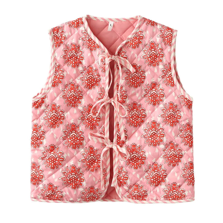 Dam quiltad vests med floral alla-över mönster och ties