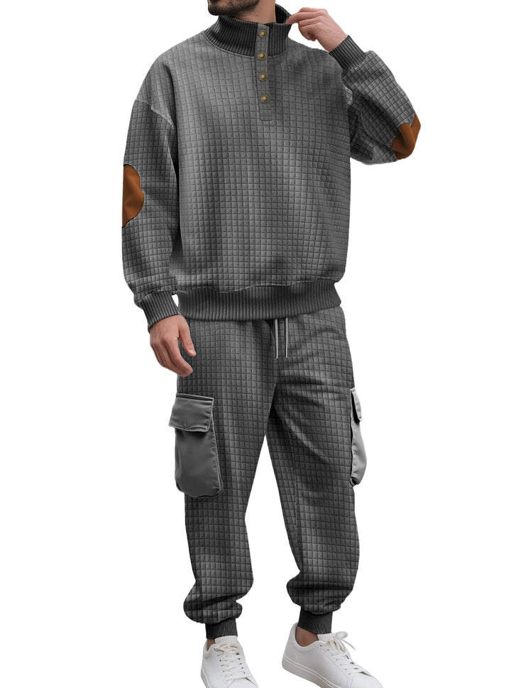 Herr Check Relief Sweat Set med Ståkrage Knapplist, Velour Elbow Lappar och Cargo Jogger
