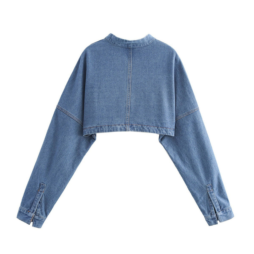 Dam cropped jeans bolero jacka med stand krage, oversized ärmar och concealed front placket