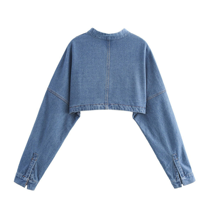 Dam cropped jeans bolero jacka med stand krage, oversized ärmar och concealed front placket