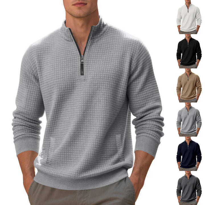 Herr Waffle Stickad Halv Dragkedja Pullover med Ståkrage, Känguruficka &amp; Ribbad Finishes