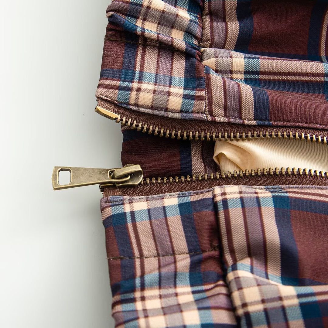 Dam kort skuren Checked Blouson med konstläder krage, dragkedja och Elastic fåll