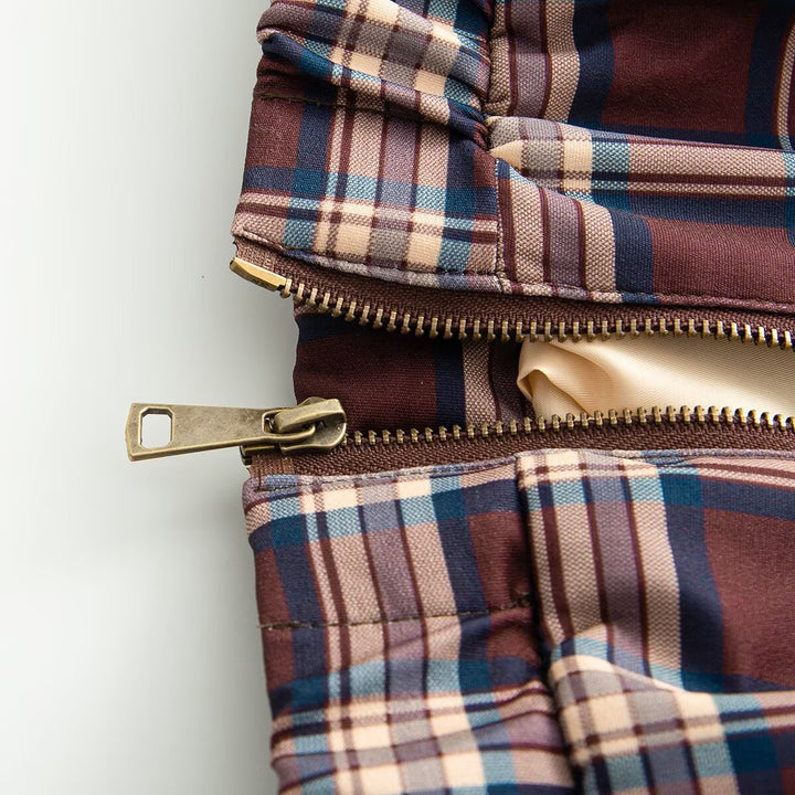 Dam kort skuren Checked Blouson med konstläder krage, dragkedja och Elastic fåll