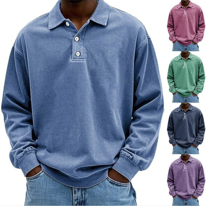 Herr Oversized Denim Look Polo College-Tröja med Kort Knapplist och Elastiska Muddar EB