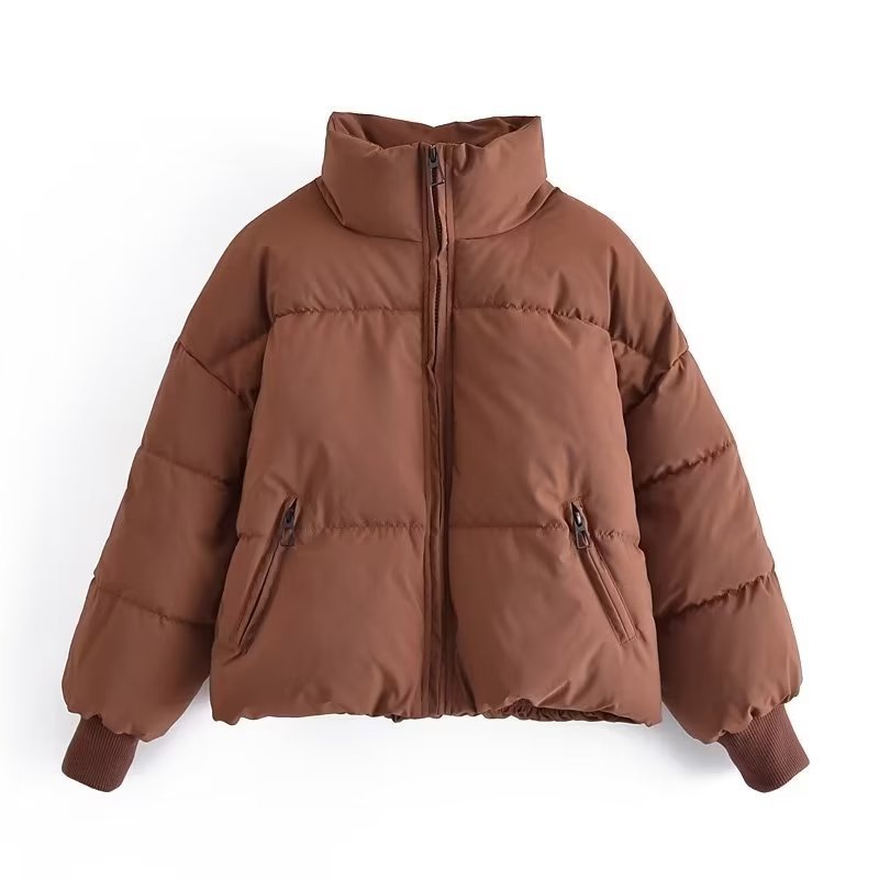 Dam kort kviltad Puffer med hög Standing krage och Ribbed muddar