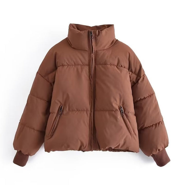 Dam kort kviltad Puffer med hög Standing krage och Ribbed muddar