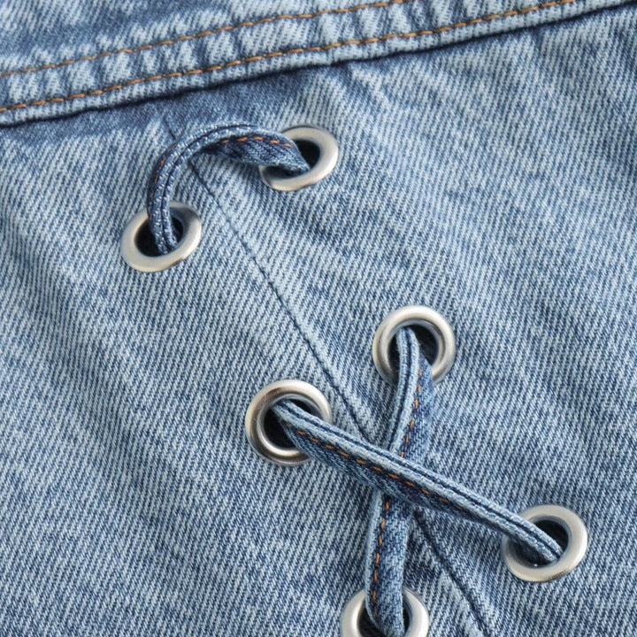Dam cropped oversized jeans jacka med drawstring fåll, patch bröstfickor, och metal knäppning