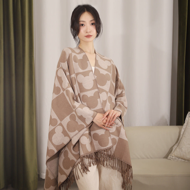 Dam Oversize Jacquard poncho med Graphic Head silhuett mönster och Fringes
