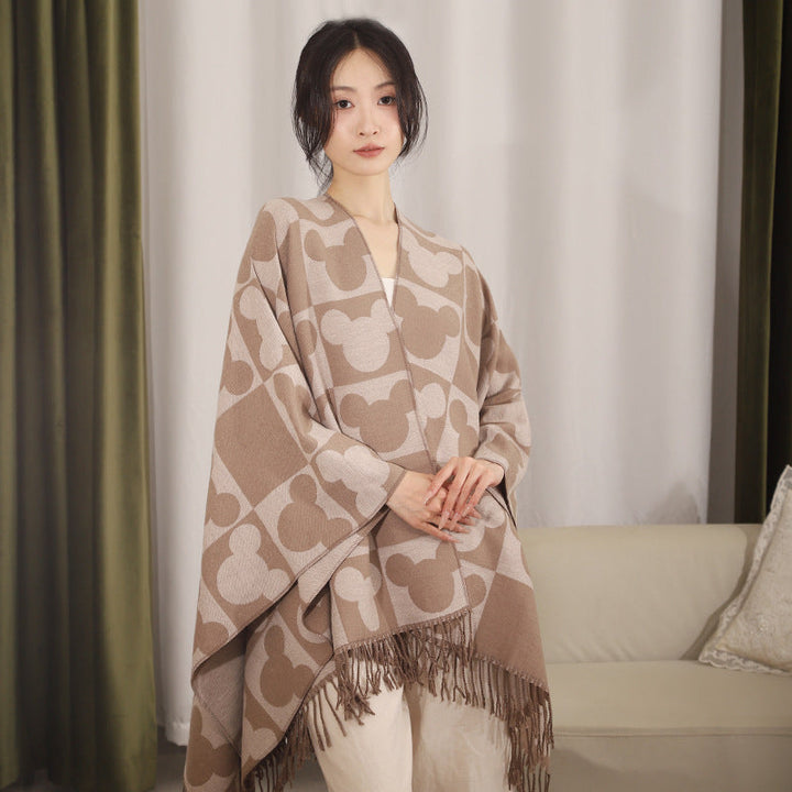 Dam Oversize Jacquard poncho med Graphic Head silhuett mönster och Fringes
