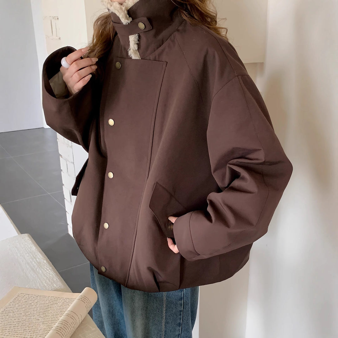 Dam oversize Utility jacka med hög teddy krage och Snap knappslå
