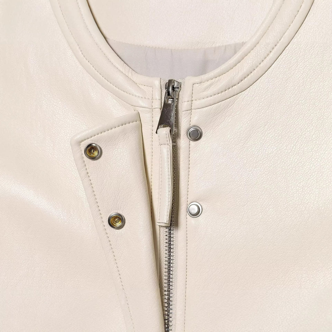 Dam Sleeveless Jacka i Läderlook med Stå Krage och Tailored Passform
