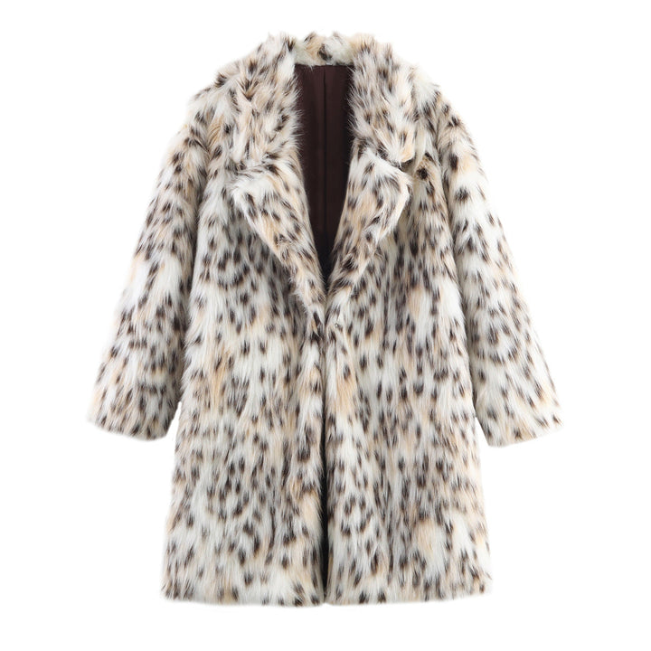 Dam Midi Kappa Gjord av Konstpäls med Leopardmönster, Oversized Passform och Sjalrakrage