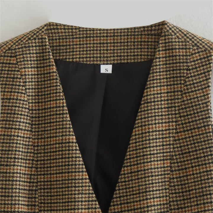 Dam skräddad Houndstooth väst med V-ringning, knapp-Free stängning och Welt fickor