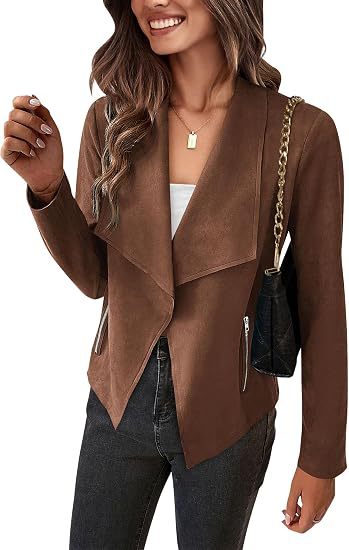Dam Faux Mocka Waterfall Blazer med Asymmetrical Fåll och Fickor med Dragkedja