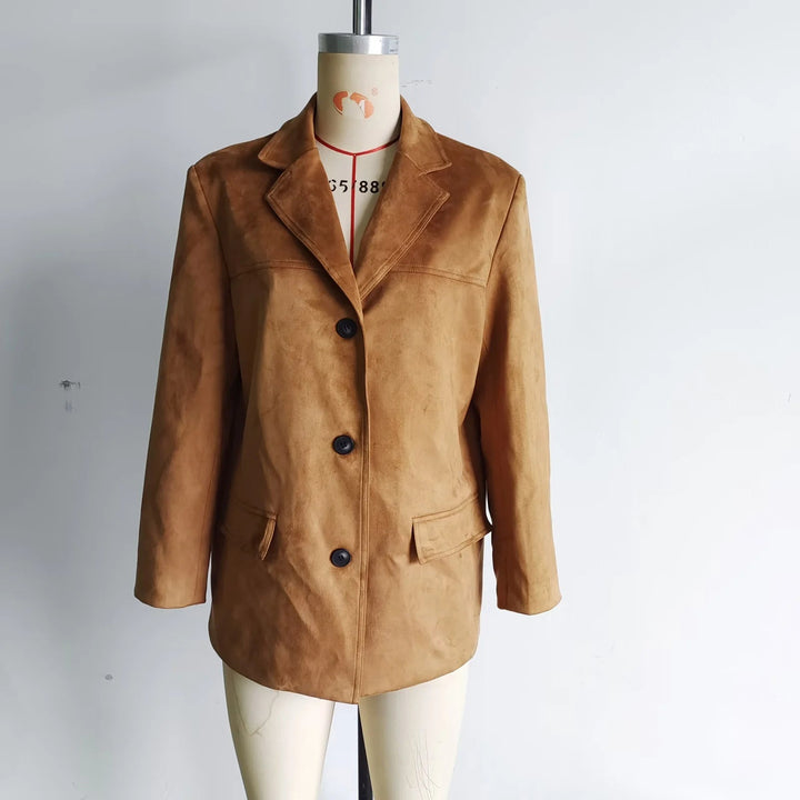 Dam cropped mocka blazer med lapel krage och påsydda fickor