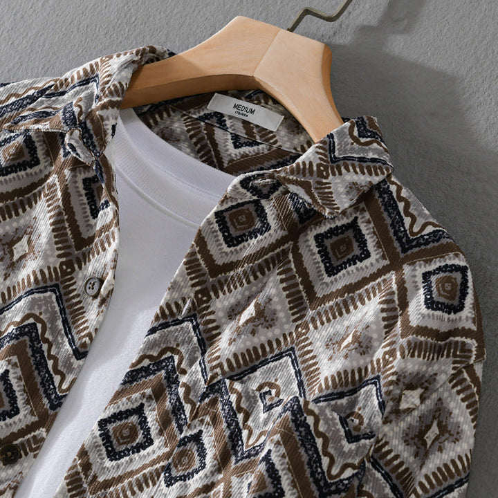 Herr Patterned Overshirt i Avslappnad Passform med Geometrisk Diamant Tryck och Bröstficka