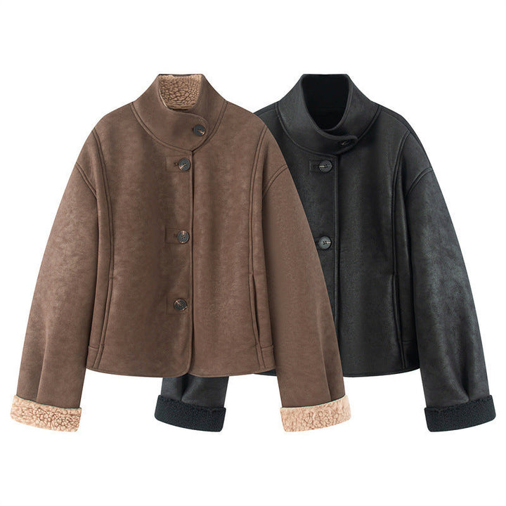 Dam kort lambskin look jacka med high ståkrage och buttoned front