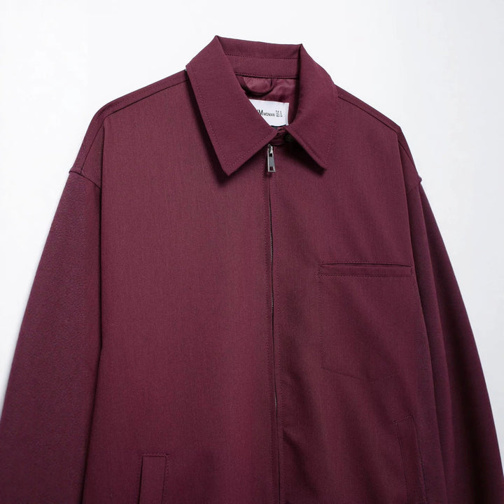 Dam Oversize Blouson med Dragkedja, Skjort Krage, och Side Fickor