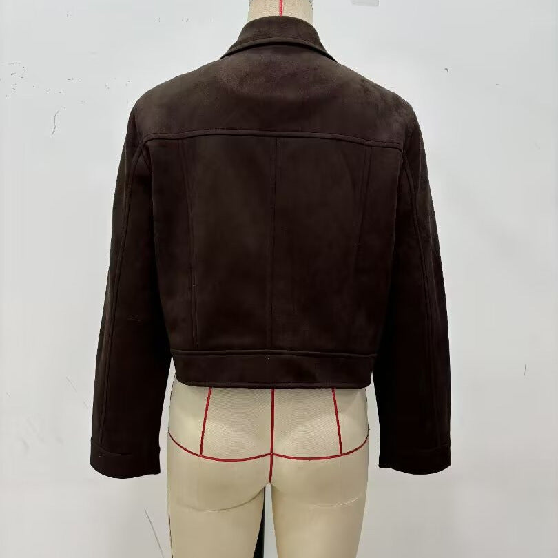 Dam 30+ Kort Skärning Velvet Jacka i Blouson Stil med Skjort Krage och Dold Tryckknapp Knapp Knäppning