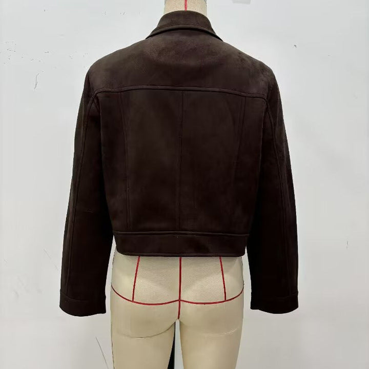 Dam 30+ Kort Skärning Velvet Jacka i Blouson Stil med Skjort Krage och Dold Tryckknapp Knapp Knäppning