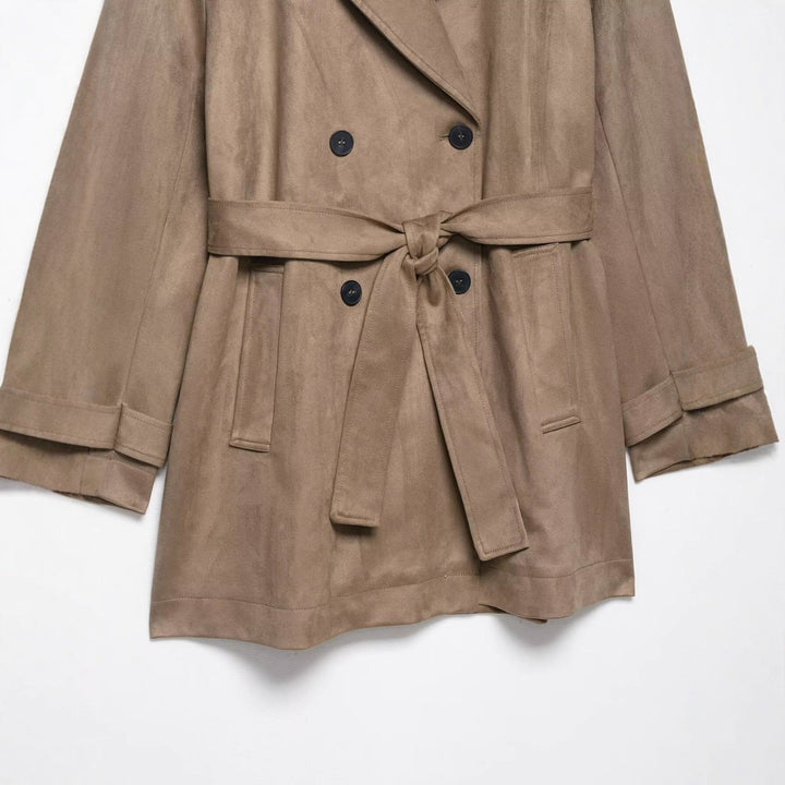 Dam Dubbel Breasted Mocka Effect Trenchcoat med Midjebälte