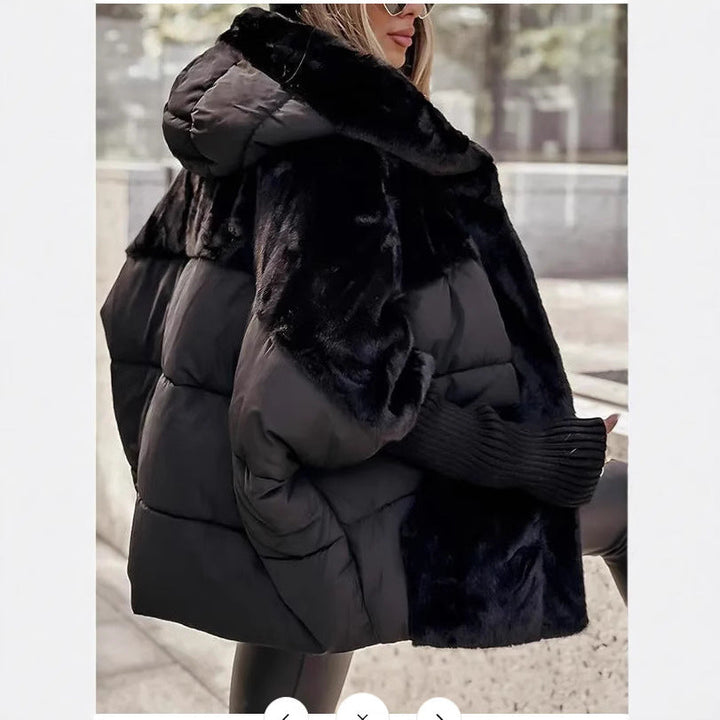 Dam oversized quiltad vinterjacka med faux fur panels, huva och integrerad ribbed ärm detaljer