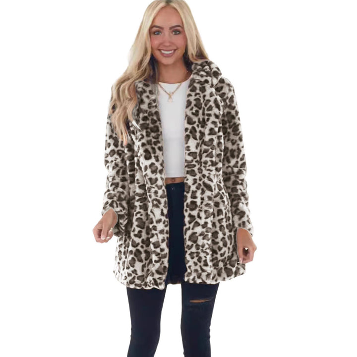 Dam Faux-Fur Leopard-tryck Hooded plysch Mid-Length kappa