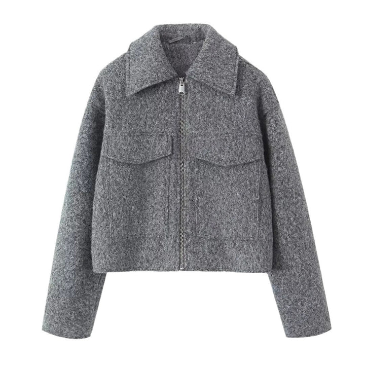 Dam kort jacka gjord bouclé ullblandning med dragkedja, skjortkrage och chest flap fickor