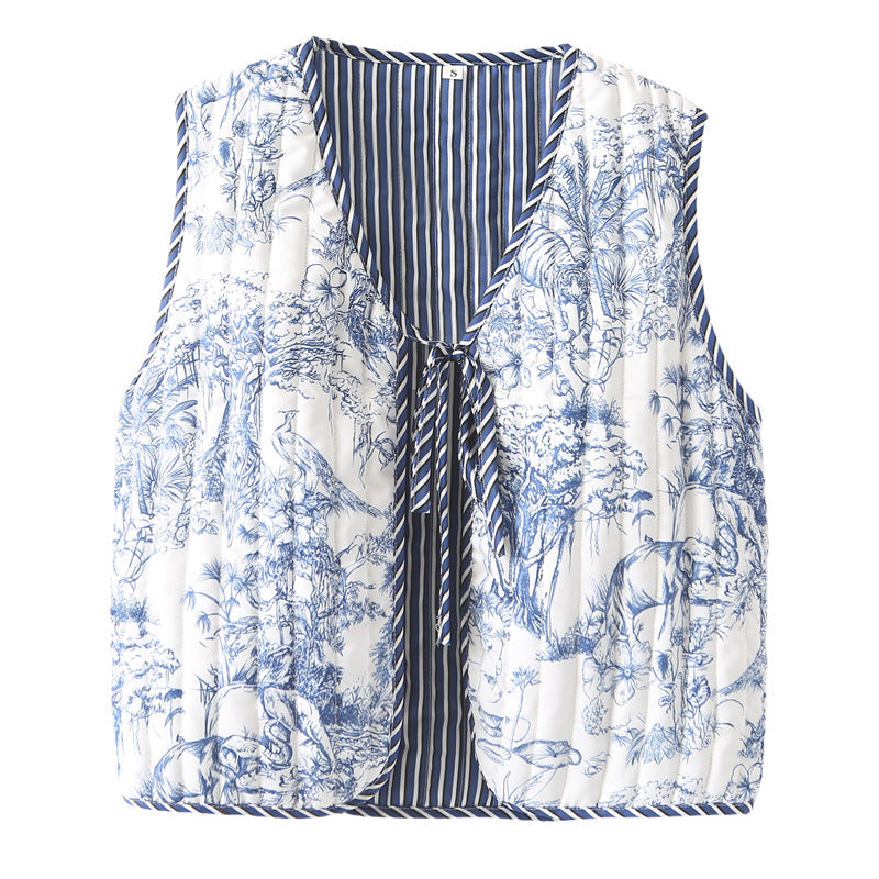 Dam quiltad patchwork väst med tie och V-neck