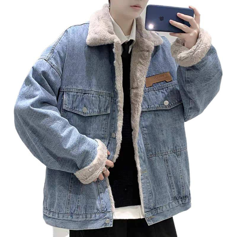 Herr Fodrad Oversized Jeansjacka med Teddyfoder och Lock Fickor