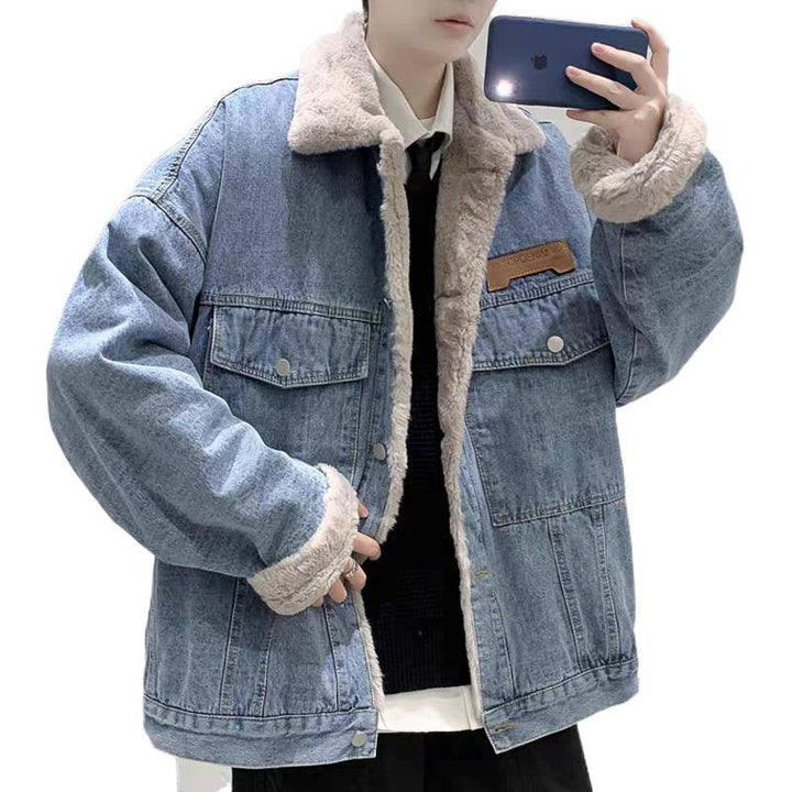 Herr Fodrad Oversized Jeansjacka med Teddyfoder och Lock Fickor