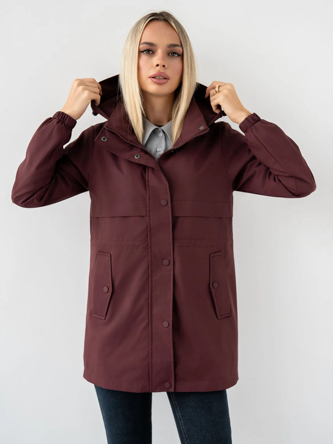 Dam Water-Repellent med Huva Parka med Midja med Dragsko och Utanpåfickor