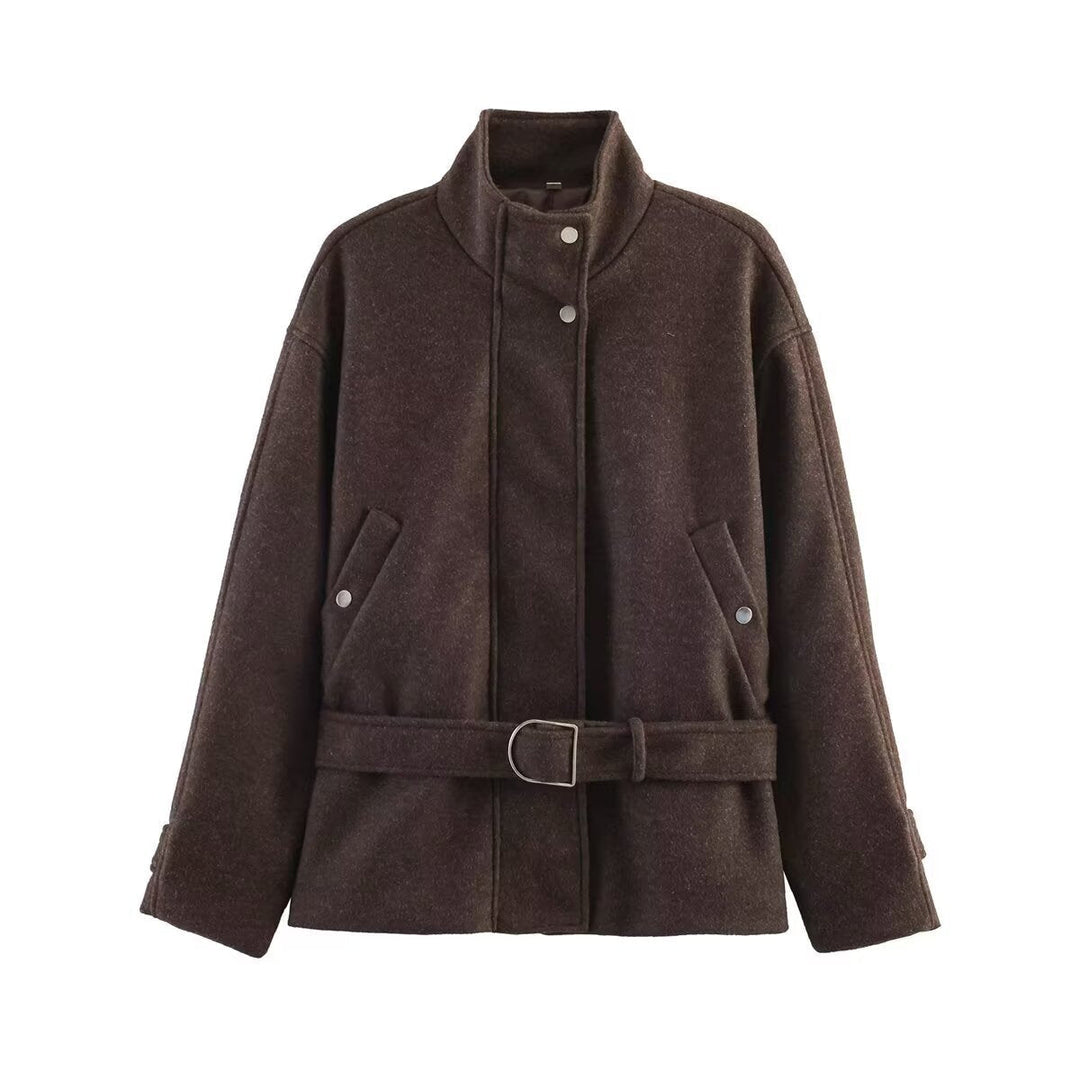 Dam kort jacka gjord ullblandning med waistband, ståkrage och flap fickor