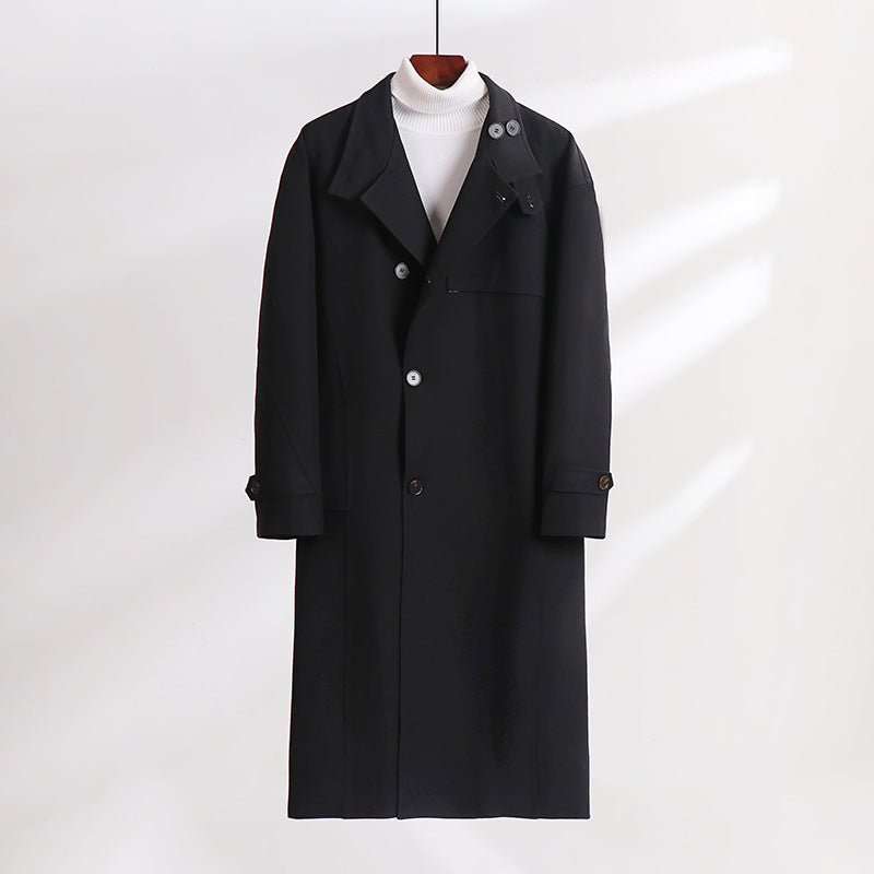 Herr Lång-Skärning Minimalistisk Trench Kappa med Sjalkrage Krage och Justerbar Ärm Remmar