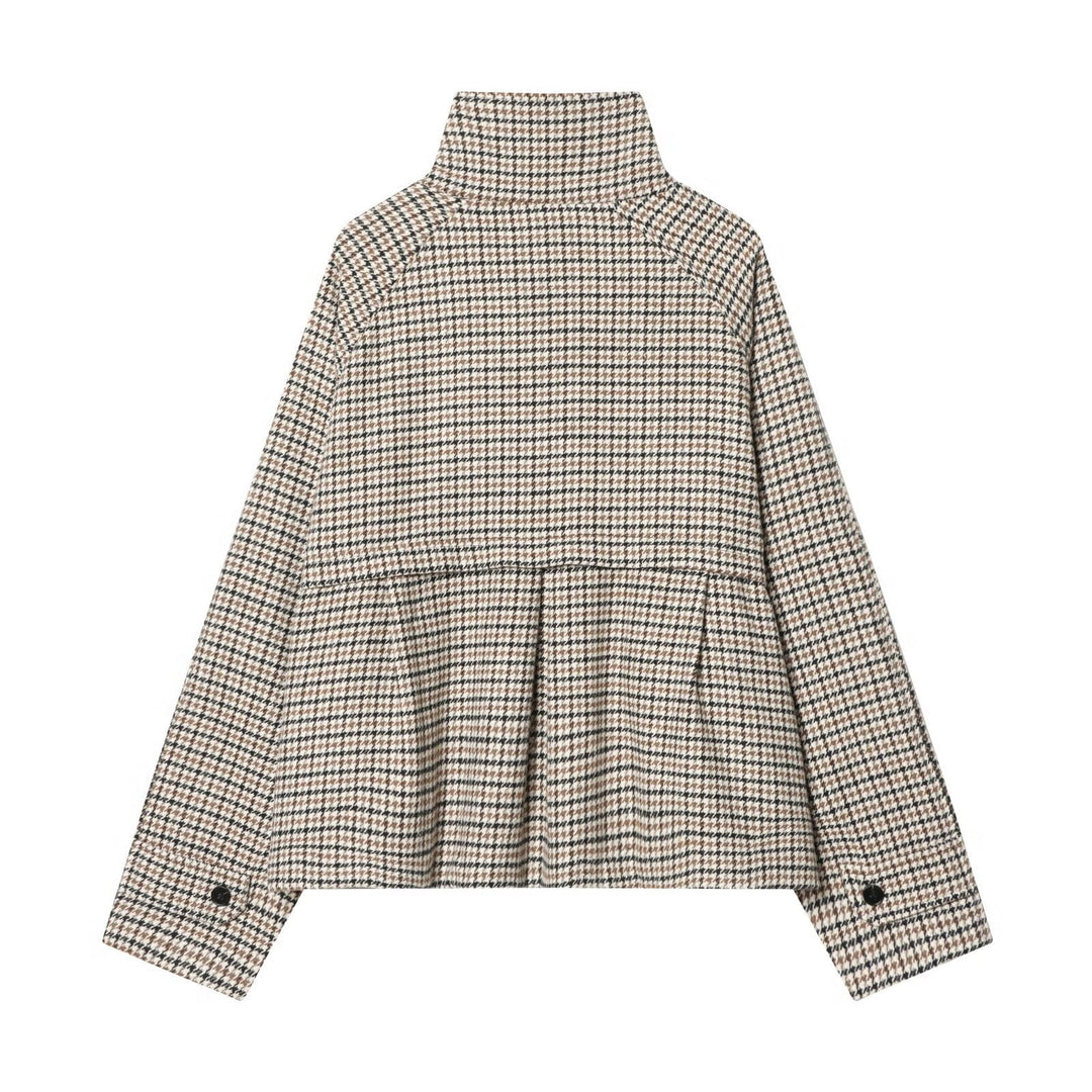 Dam Kort Jacka i Hundtand Mönster med Hög Stå Krage och Oversize Raglan Ärmar