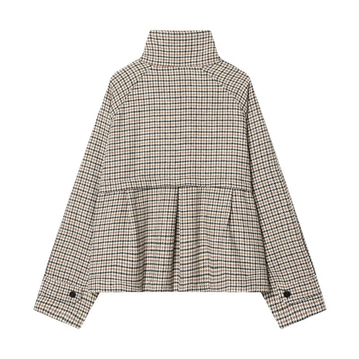 Dam Kort Jacka i Hundtand Mönster med Hög Stå Krage och Oversize Raglan Ärmar