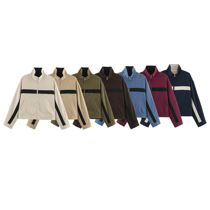 Dam Boxig Kort Övergångsjacka med Stå Krage, Contrast Stripes och Patch Fickor