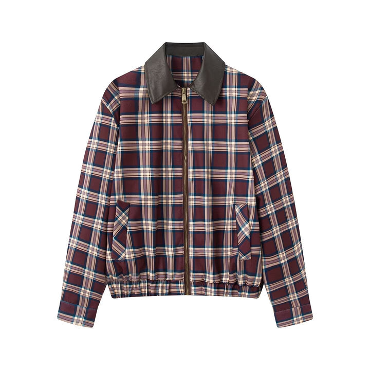 Dam kort skuren Checked Blouson med konstläder krage, dragkedja och Elastic fåll