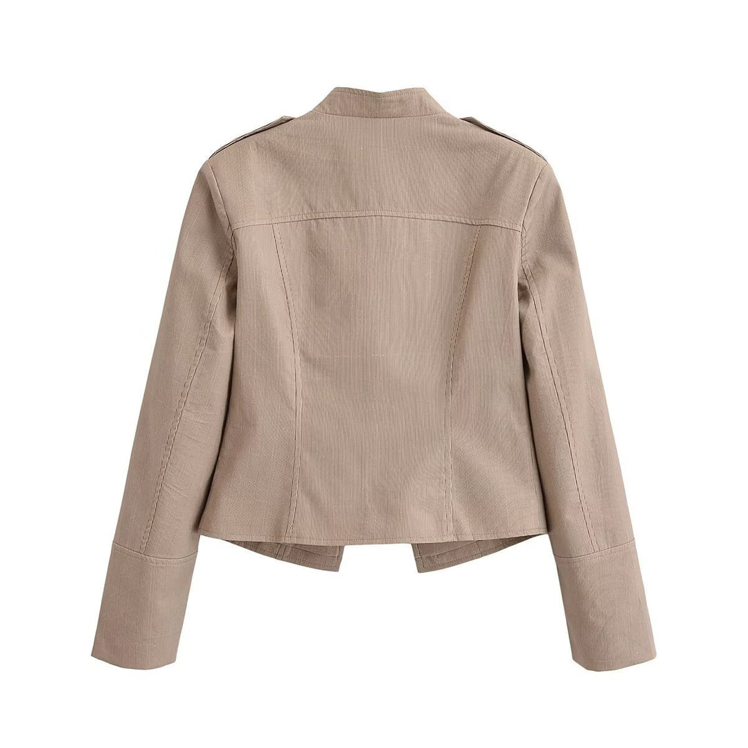Dam Militär-Inspired Figurnära Kort Jacka med Ståkrage och Decorative Knapplist