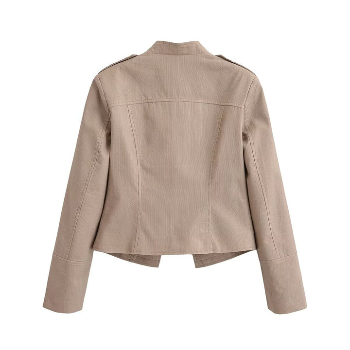 Dam Militär-Inspired Figurnära Kort Jacka med Ståkrage och Decorative Knapplist